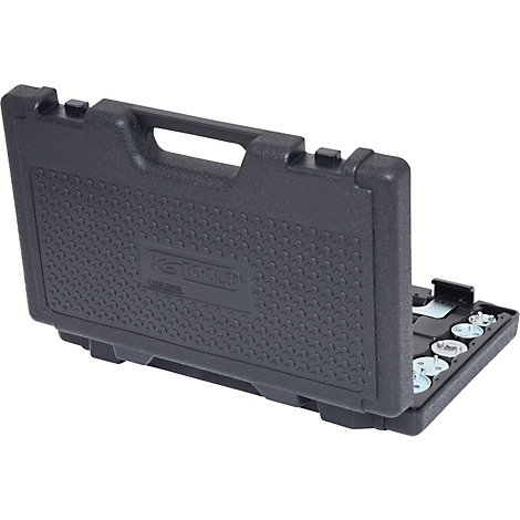 Schwarzer Werkzeugkoffer, teilweise geöffnet, mit Werkzeugen. Auf dem Koffer steht "KS TOOLS".